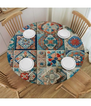 Ulloord Round Tablecloth Fitted Table Cover with Elastic Edged Talavera Ceramic Tile Waterproof Table Cloth for Party Kitchen Dining Indoor Outdoor Table