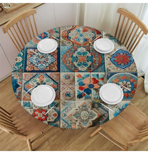 Ulloord Round Tablecloth Fitted Table Cover with Elastic Edged Talavera Ceramic Tile Waterproof Table Cloth for Party Kitchen Dining Indoor Outdoor Table