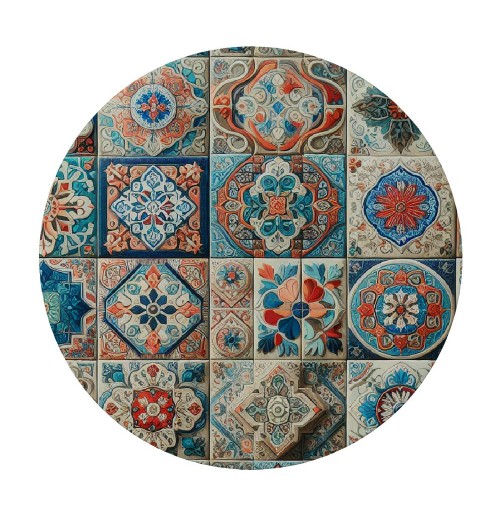 Ulloord Round Tablecloth Fitted Table Cover with Elastic Edged Talavera Ceramic Tile Waterproof Table Cloth for Party Kitchen Dining Indoor Outdoor Table