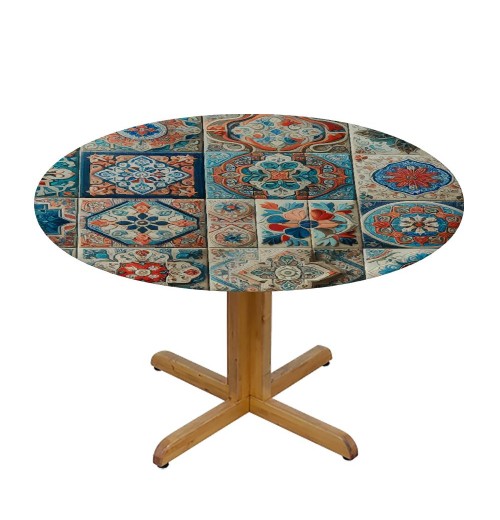 Ulloord Round Tablecloth Fitted Table Cover with Elastic Edged Talavera Ceramic Tile Waterproof Table Cloth for Party Kitchen Dining Indoor Outdoor Table