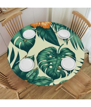 Ulloord Round Tablecloth Fitted Table Cover with Elastic Edged Tropical Floral Plant Palm Waterproof Table Cloth for Party Kitchen Dining Indoor Outdoor Table