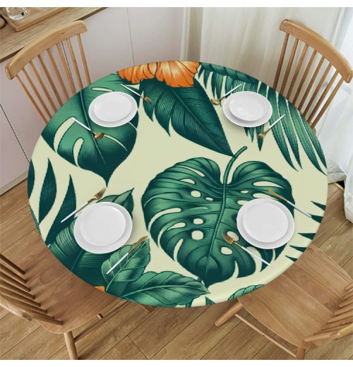 Ulloord Round Tablecloth Fitted Table Cover with Elastic Edged Tropical Floral Plant Palm Waterproof Table Cloth for Party Kitchen Dining Indoor Outdoor Table