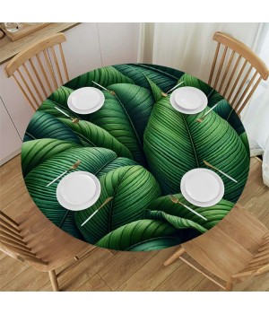 Ulloord Round Tablecloth Fitted Table Cover with Elastic Edged Tropical Palm Leaves Tree Waterproof Table Cloth for Party Kitchen Dining Indoor Outdoor Table