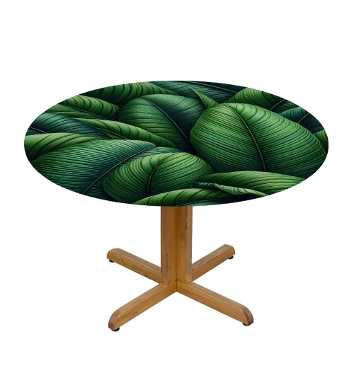 Ulloord Round Tablecloth Fitted Table Cover with Elastic Edged Tropical Palm Leaves Tree Waterproof Table Cloth for Party Kitchen Dining Indoor Outdoor Table