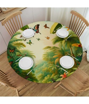 Ulloord Round Tablecloth Fitted Table Cover with Elastic Edged Tropiacal Floral Palm Butterfiy Waterproof Table Cloth for Party Kitchen Dining Indoor Outdoor Table