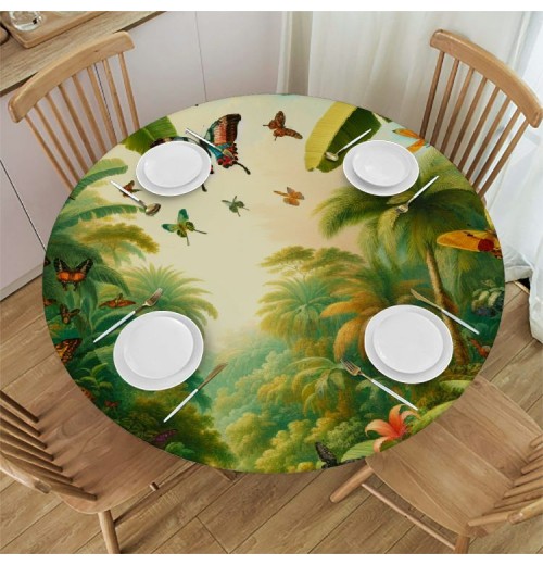 Ulloord Round Tablecloth Fitted Table Cover with Elastic Edged Tropiacal Floral Palm Butterfiy Waterproof Table Cloth for Party Kitchen Dining Indoor Outdoor Table