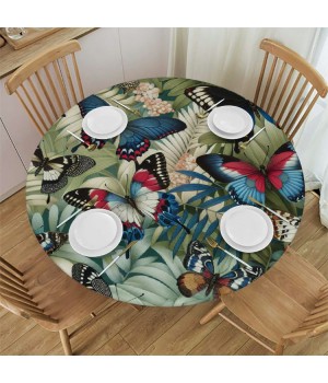 Ulloord Round Tablecloth Fitted Table Cover with Elastic Edged Tropical Palm Leaves Butterfly Waterproof Table Cloth for Party Kitchen Dining Indoor Outdoor Table