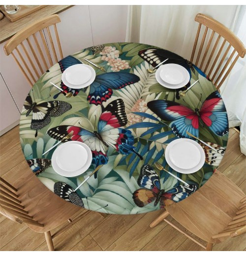 Ulloord Round Tablecloth Fitted Table Cover with Elastic Edged Tropical Palm Leaves Butterfly Waterproof Table Cloth for Party Kitchen Dining Indoor Outdoor Table