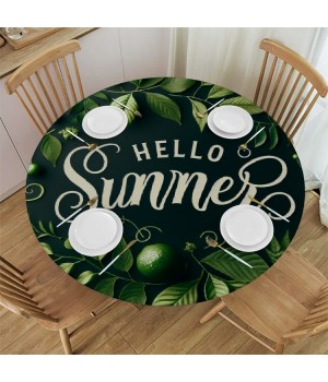 Ulloord Round Tablecloth Fitted Table Cover with Elastic Edged Tropical Palm Flowers Quote Waterproof Table Cloth for Party Kitchen Dining Indoor Outdoor Table