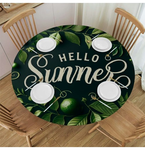 Ulloord Round Tablecloth Fitted Table Cover with Elastic Edged Tropical Palm Flowers Quote Waterproof Table Cloth for Party Kitchen Dining Indoor Outdoor Table