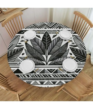 Ulloord Round Tablecloth Fitted Table Cover with Elastic Edged Tropical Palm Leaves Geometry Waterproof Table Cloth for Party Kitchen Dining Indoor Outdoor Table