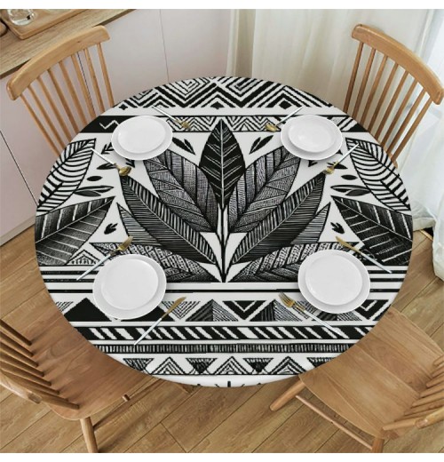 Ulloord Round Tablecloth Fitted Table Cover with Elastic Edged Tropical Palm Leaves Geometry Waterproof Table Cloth for Party Kitchen Dining Indoor Outdoor Table