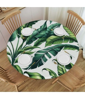 Ulloord Round Tablecloth Fitted Table Cover with Elastic Edged Tropical Banana Leaves Waterproof Table Cloth for Party Kitchen Dining Indoor Outdoor Table