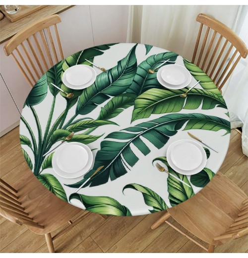 Ulloord Round Tablecloth Fitted Table Cover with Elastic Edged Tropical Banana Leaves Waterproof Table Cloth for Party Kitchen Dining Indoor Outdoor Table