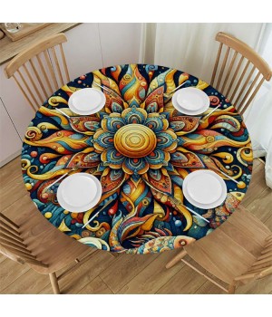 Ulloord Round Tablecloth Fitted Table Cover with Elastic Edged Ethnic Flower Waterproof Table Cloth for Party Kitchen Dining Indoor Outdoor Table