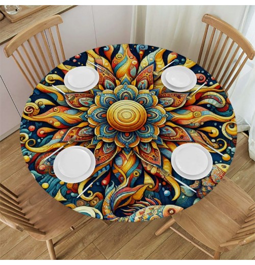 Ulloord Round Tablecloth Fitted Table Cover with Elastic Edged Ethnic Flower Waterproof Table Cloth for Party Kitchen Dining Indoor Outdoor Table