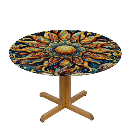 Ulloord Round Tablecloth Fitted Table Cover with Elastic Edged Ethnic Flower Waterproof Table Cloth for Party Kitchen Dining Indoor Outdoor Table