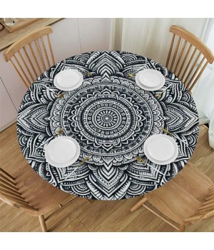 Ulloord Round Tablecloth Fitted Table Cover with Elastic Edged Retro Boho Waterproof Table Cloth for Party Kitchen Dining Indoor Outdoor Table