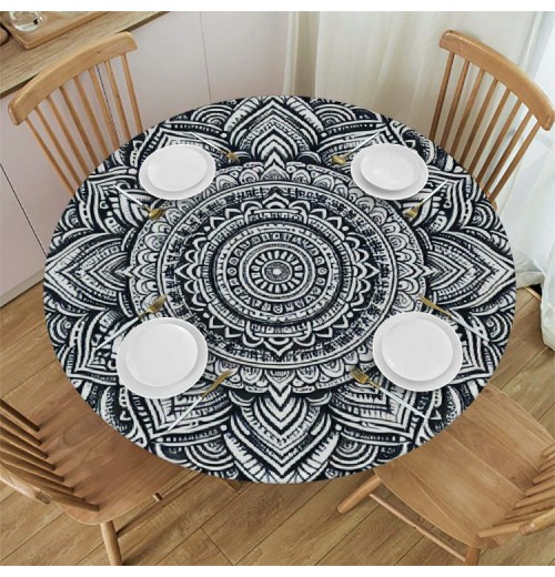 Ulloord Round Tablecloth Fitted Table Cover with Elastic Edged Retro Boho Waterproof Table Cloth for Party Kitchen Dining Indoor Outdoor Table