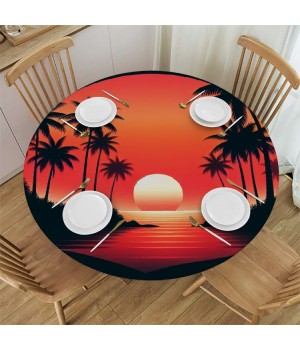 Ulloord Round Tablecloth Fitted Table Cover with Elastic Edged Tropical Palm Tree Sunset Waterproof Table Cloth for Party Kitchen Dining Indoor Outdoor Table