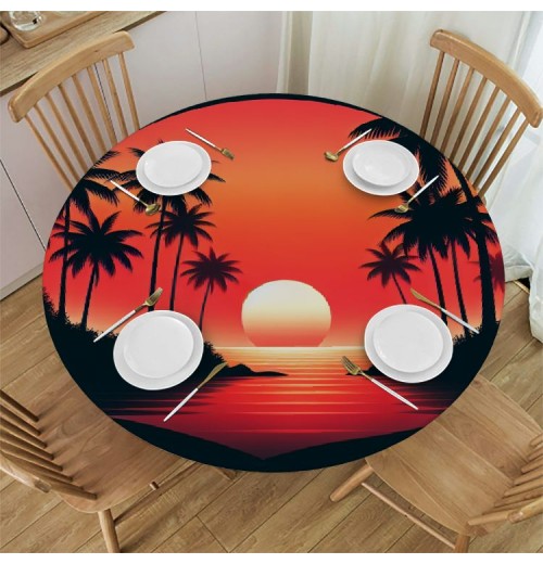 Ulloord Round Tablecloth Fitted Table Cover with Elastic Edged Tropical Palm Tree Sunset Waterproof Table Cloth for Party Kitchen Dining Indoor Outdoor Table