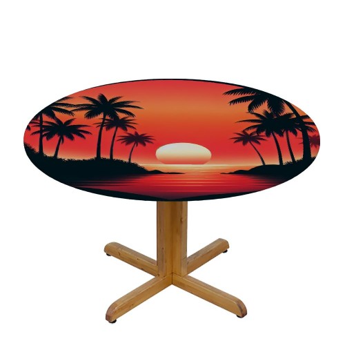 Ulloord Round Tablecloth Fitted Table Cover with Elastic Edged Tropical Palm Tree Sunset Waterproof Table Cloth for Party Kitchen Dining Indoor Outdoor Table