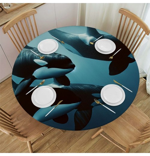 Ulloord  Round Tablecloth Fitted Table Cover with Elastic Edged Whale Sea Animal Waterproof Table Cloth for Party Kitchen Dining Indoor Outdoor Table